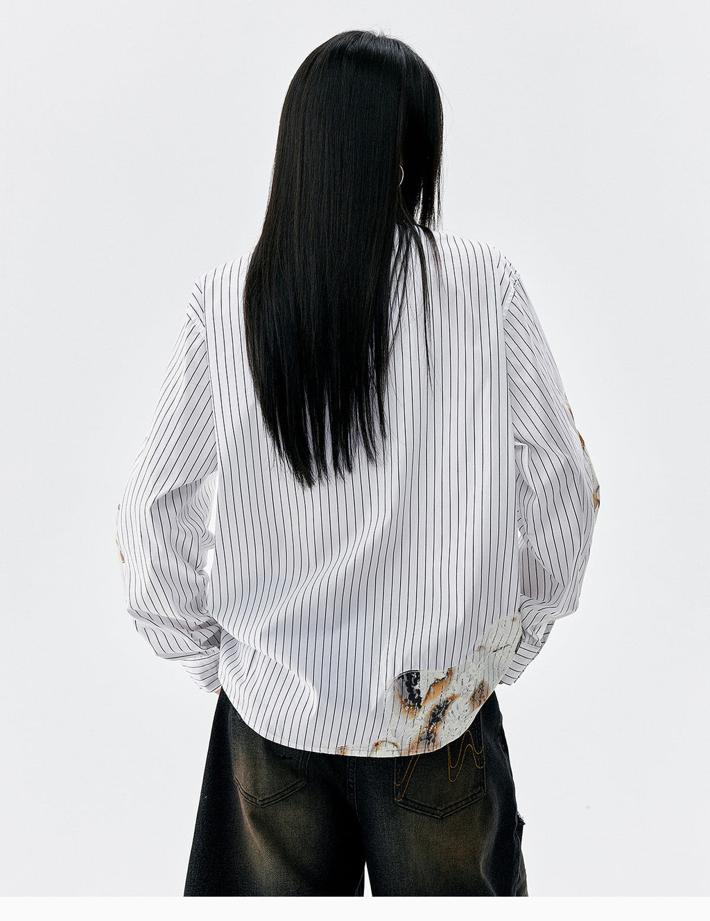 MEDM Lace Embroidered Striped Long Sleeve Shirt