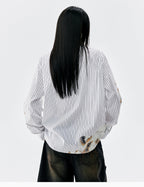 MEDM Lace Embroidered Striped Long Sleeve Shirt