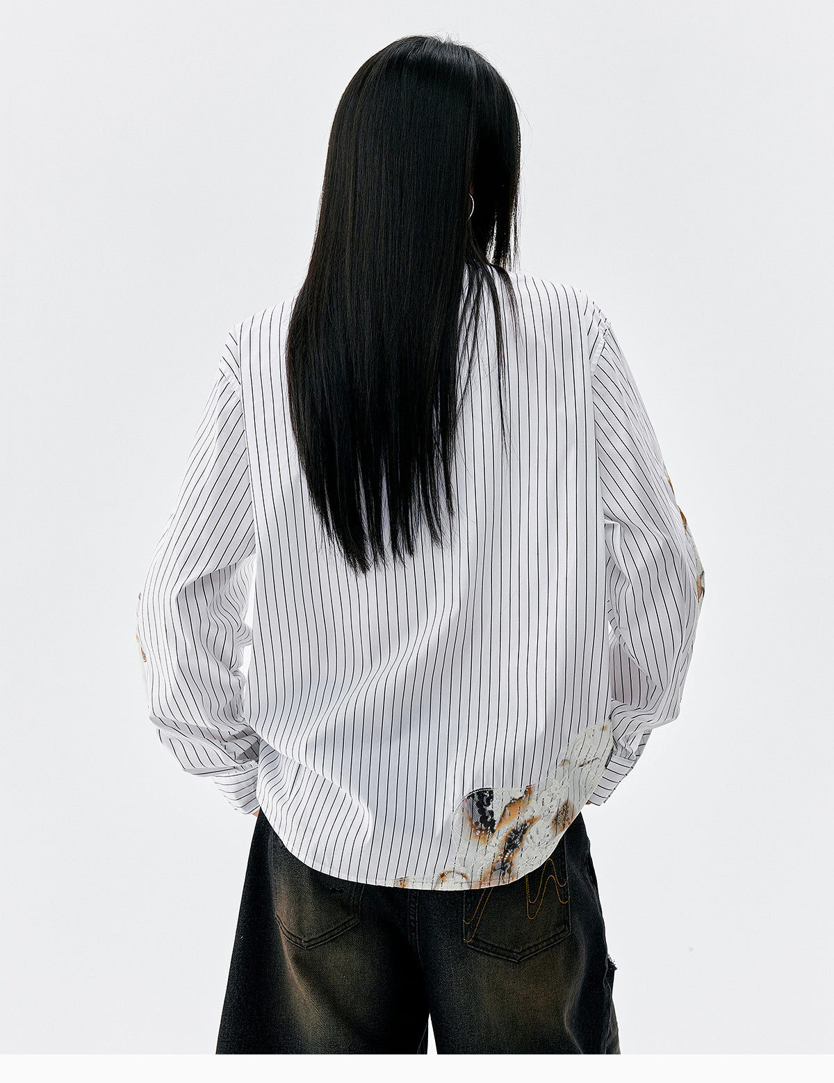 MEDM Lace Embroidered Striped Long Sleeve Shirt