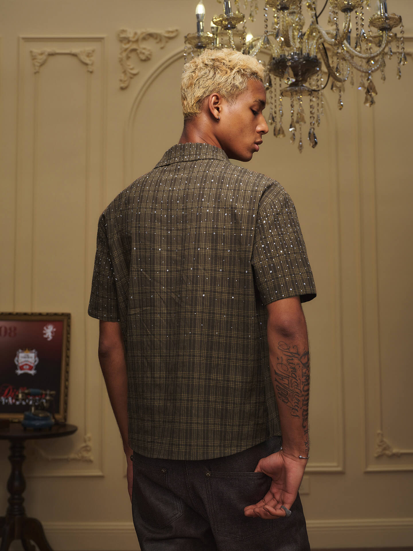 YADcrew Galaxy Rhinestone Plaid Short Sleeve Shirt