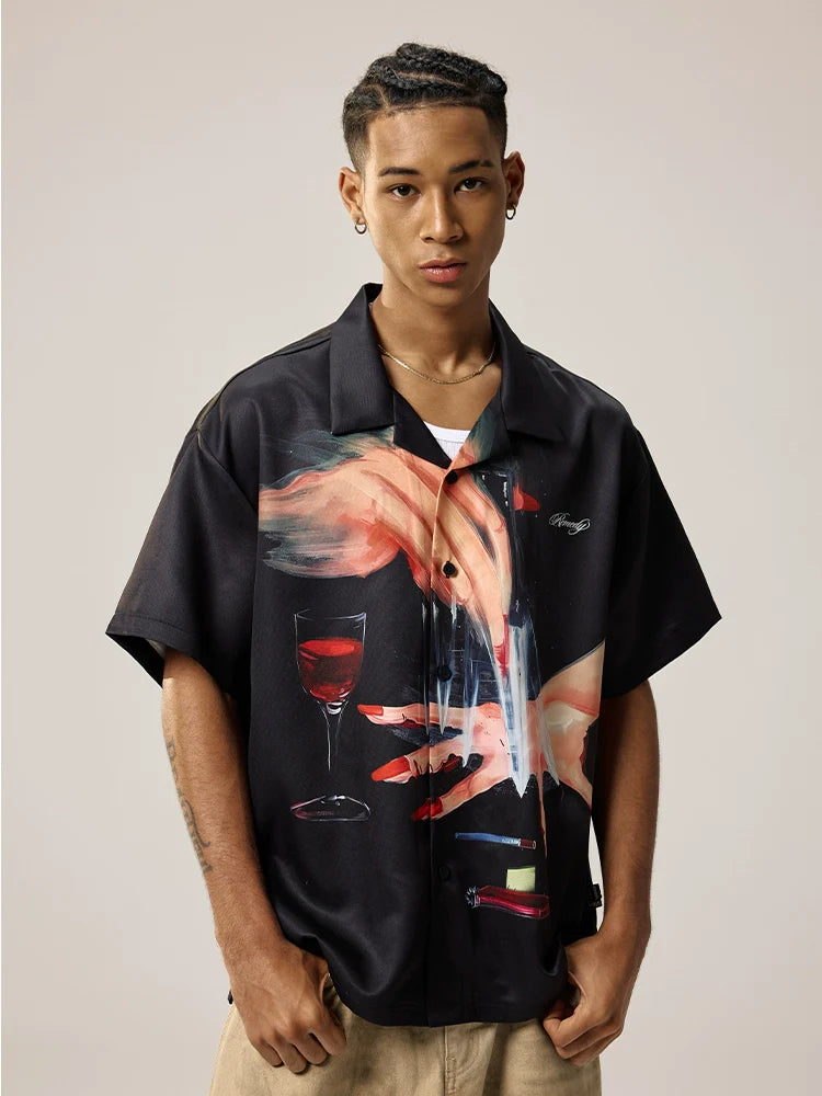 Remedy Finger and Wine Glass Full Print Short Sleeve Cuban Shirt