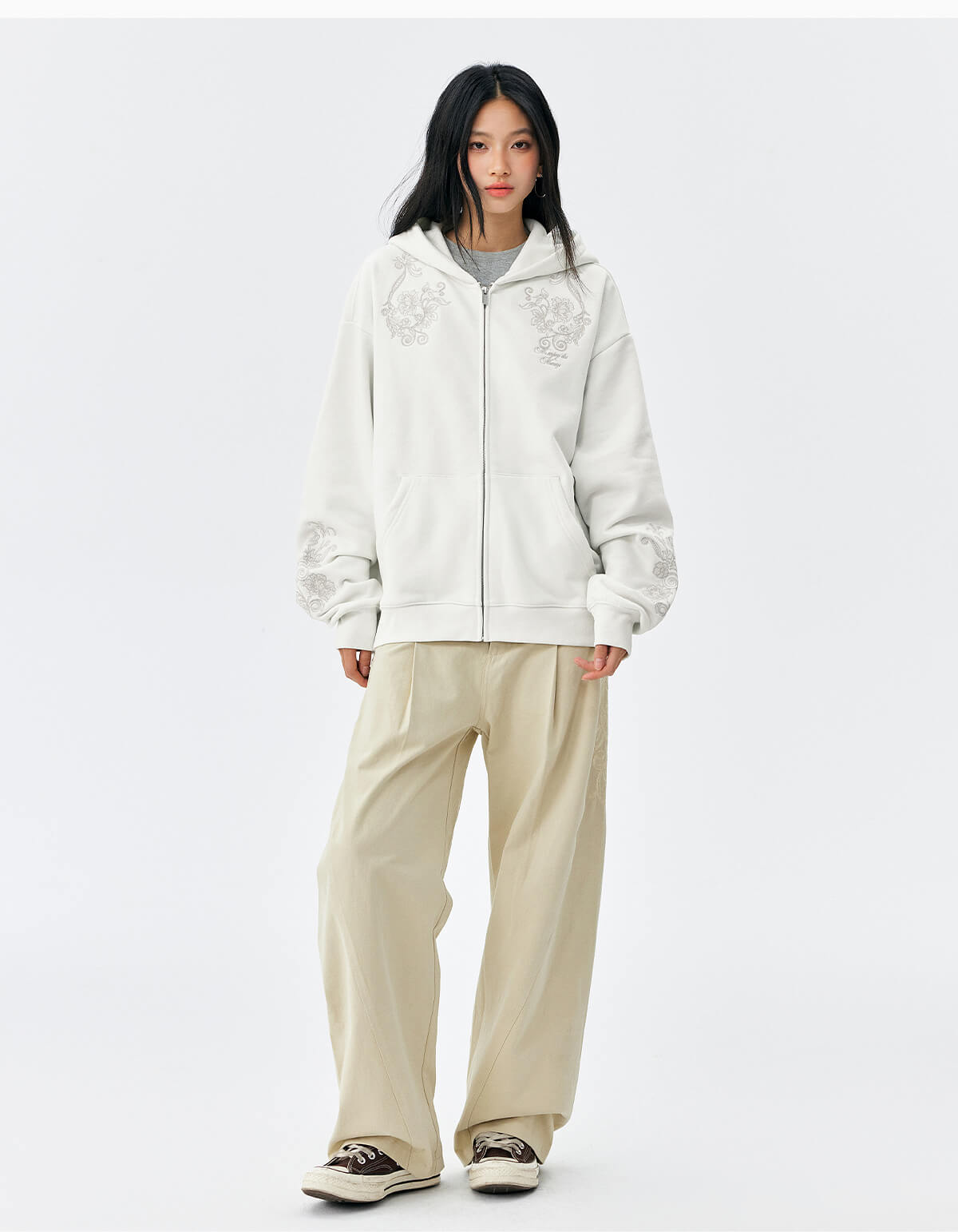 MEDM Patterned Flower Embroidered Zip Up Hoodie