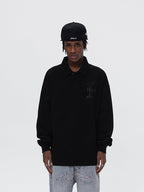 UNTILWERICH Patchwork Leather Embroidery Long Sleeve Polo