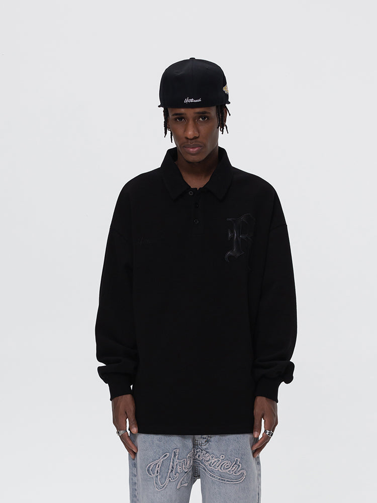 UNTILWERICH Patchwork Leather Embroidery Long Sleeve Polo