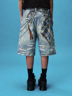 YADcrew Plaid Shirt Chain Photorealistic Print Denim Shorts