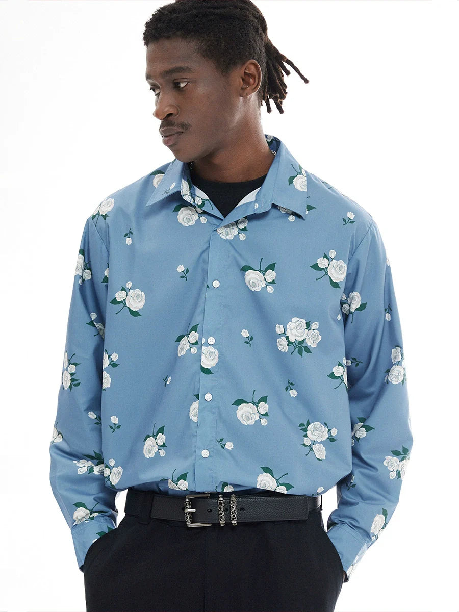 EMPTY REFERENCE Rose Print Blue Long Sleeve Shirt