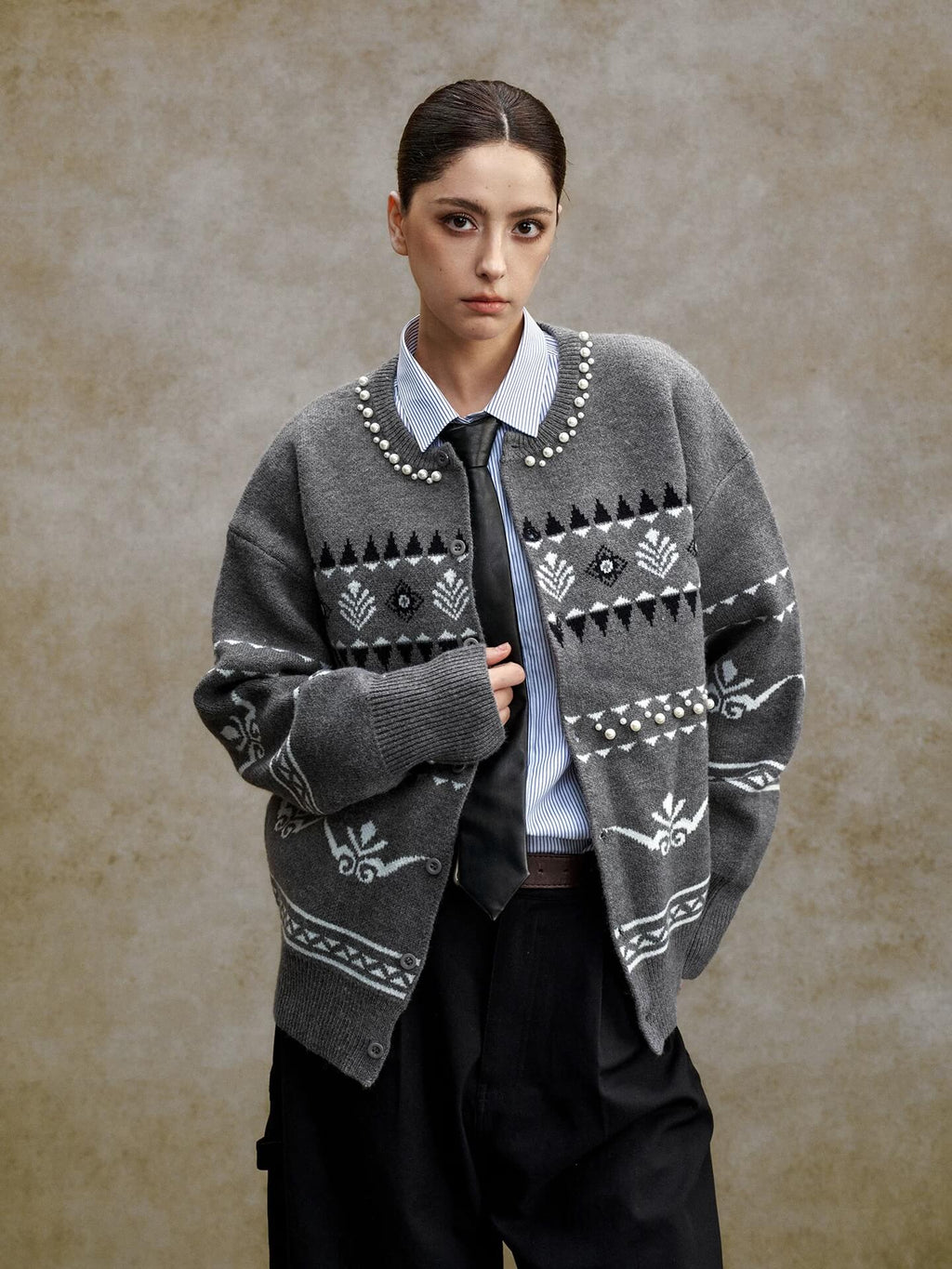 YADcrew Pearl Embellished Fair Isle Knit Crew Neck Cardigan