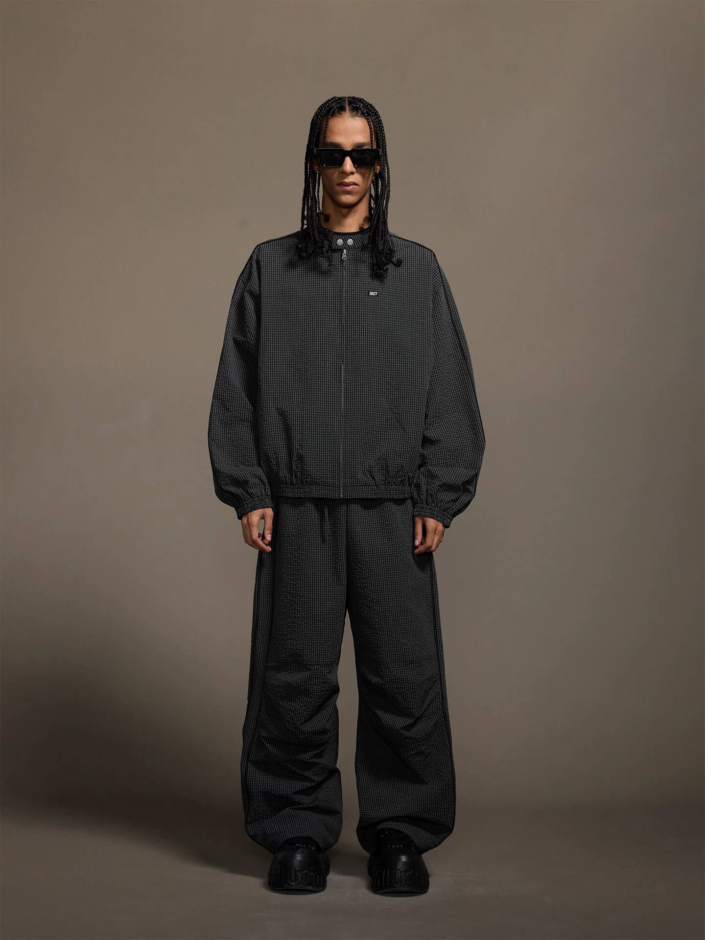 1807 Textured Plaid Wide Track Pants