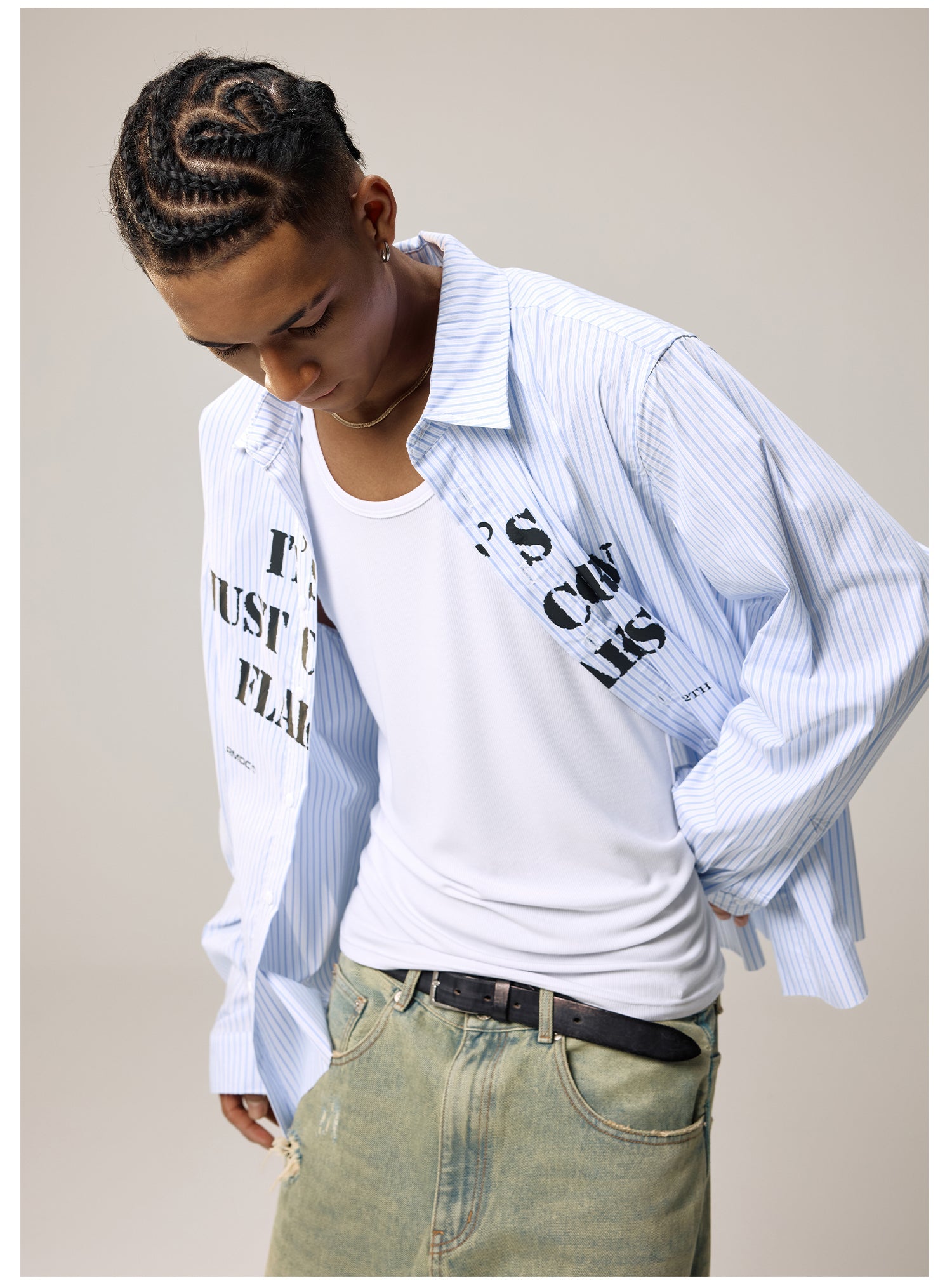 Remedy Letter Print Striped Long Sleeve Shirt