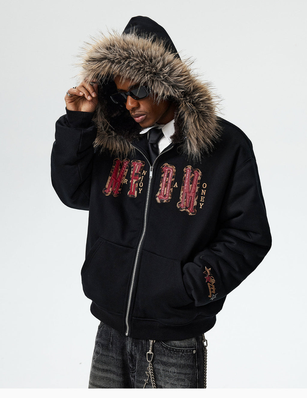 MEDM Faux Fur Lined Hooded Fur Zip Up Jacket