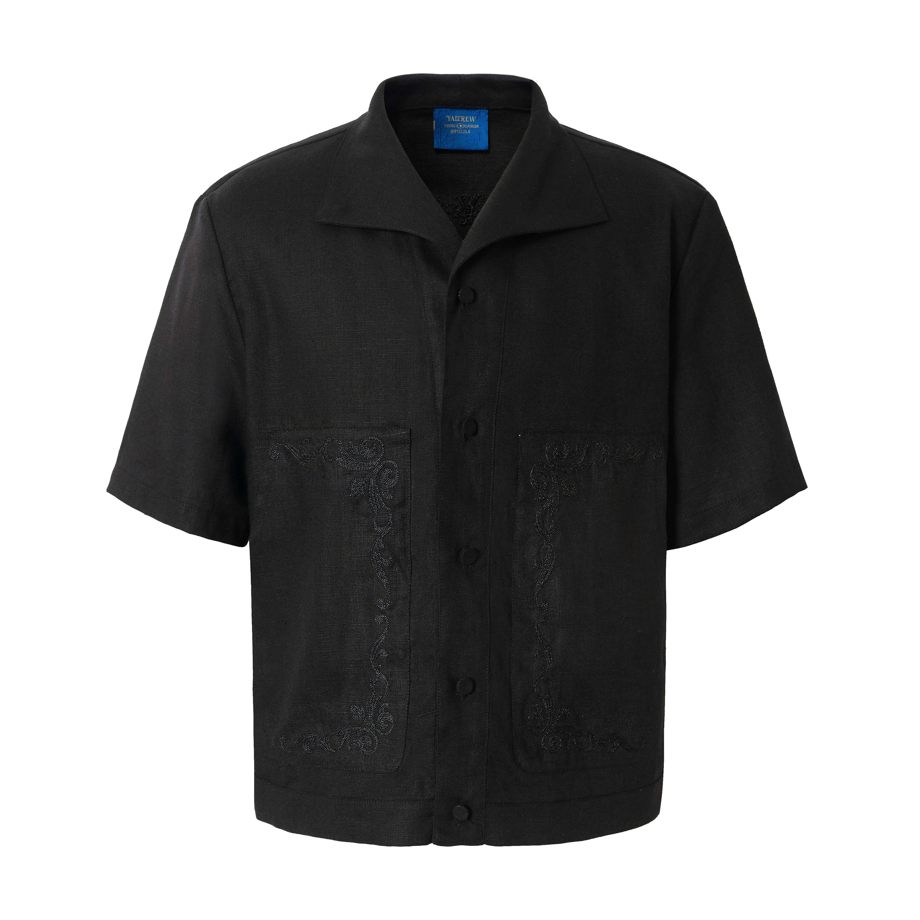 YADcrew Linen Blend Embroidered Short Sleeve Shirt