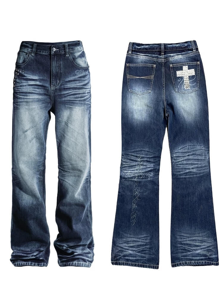 Night Lab Rock Studded Whisker Washed Flared Jeans