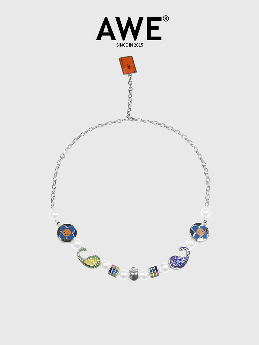 AWE Cross Petal Skull Smiley Face Pearl Necklace