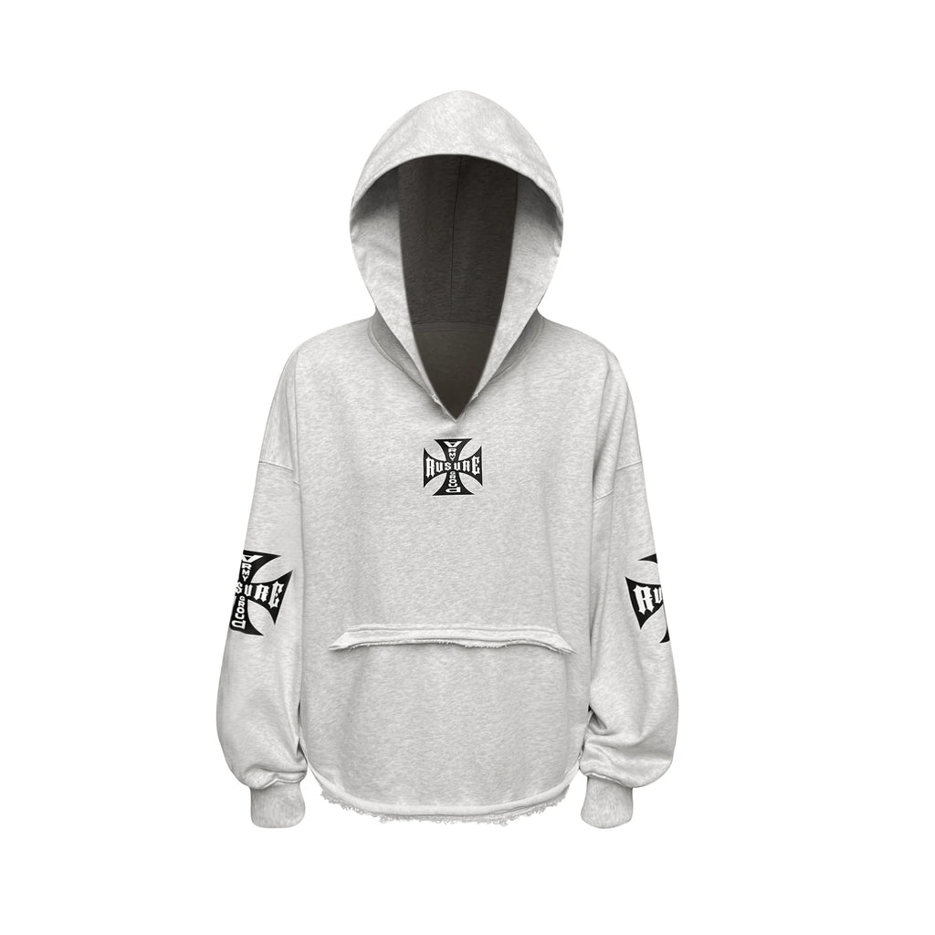 RUSURE V Neck Cross Logo Destruction Hoodie