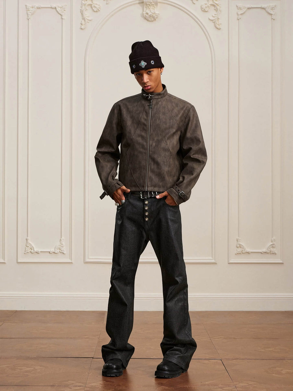 YADcrew Washed PU Leather Racing Jacket