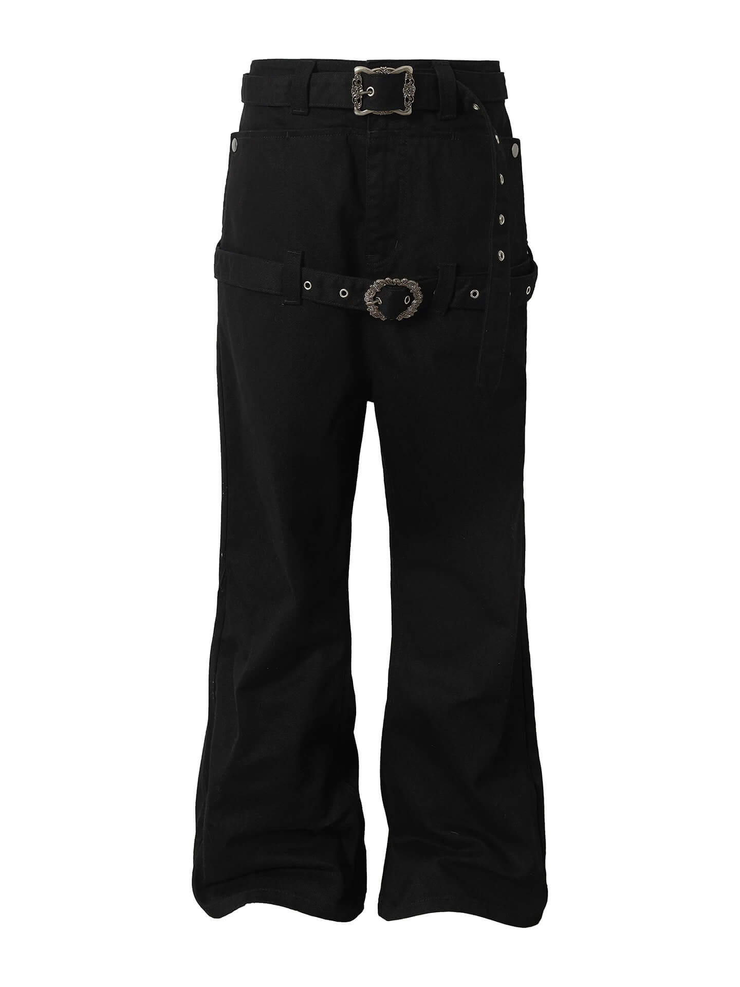 YADcrew Double Floral Buckle Belted Flared Pants