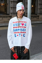 STEEPC Hand Stitched Heart Print Long Sleeve Tee