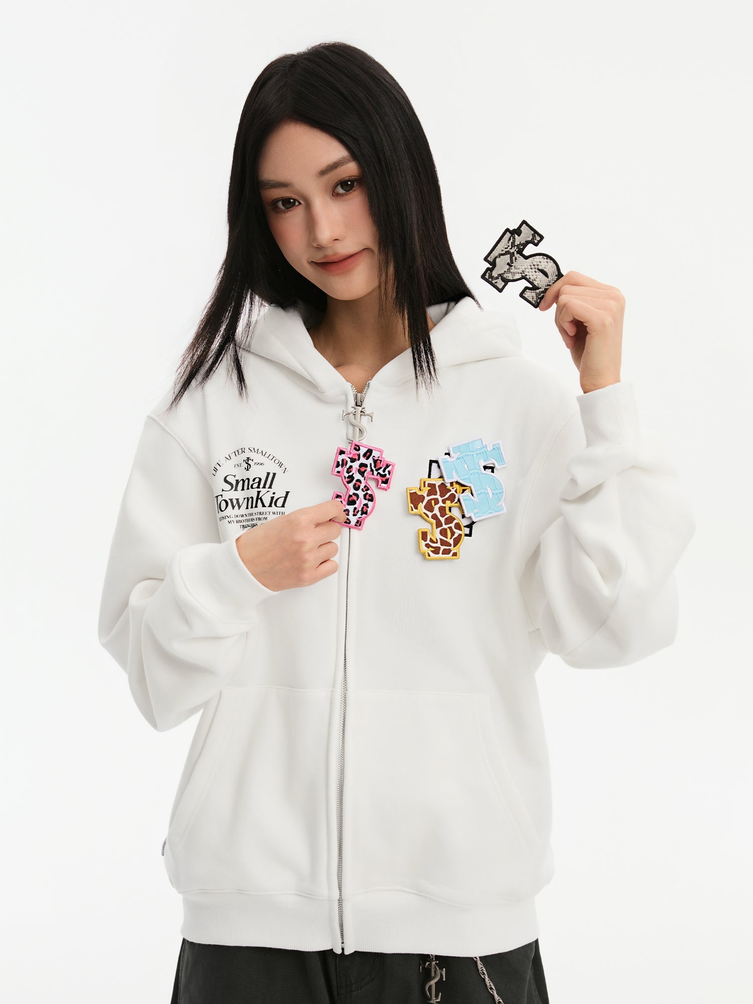 Small Town Kid Animal Textured Logo Velcro Zip-Up Hoodie