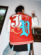 JUST VIBE Terry Big JV Logo PU Leather Varsity Jacket