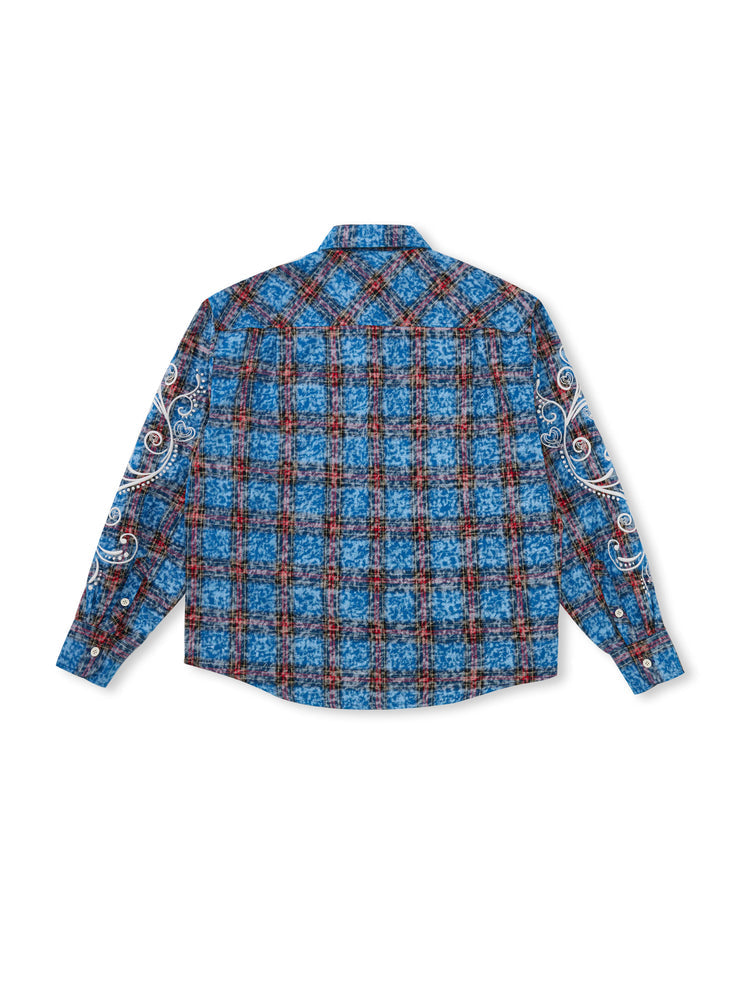 EVILKNIGHT(EK) Floral Embroidered Plaid Long Sleeve Shirt