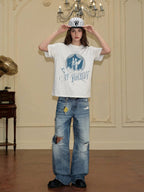YADcrew Angel Print Star Studded Pearl Embellished Tee