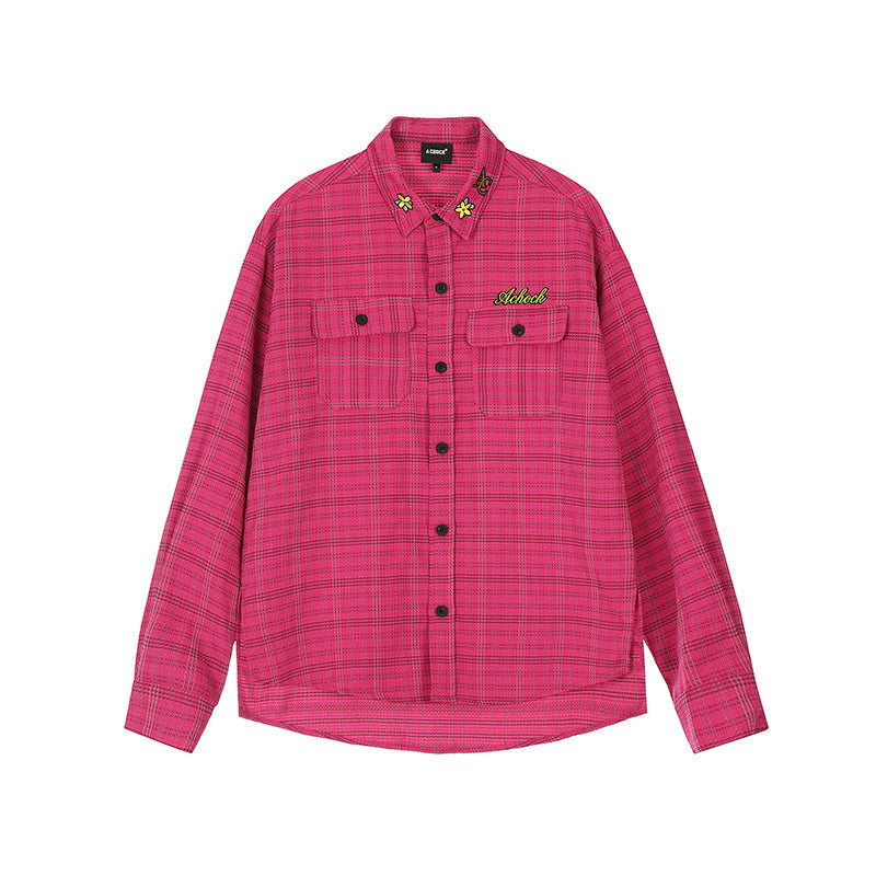Achock Color Blocking Logo Embroidery Plaid Long Sleeve Shirt