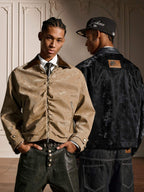YADcrew Pleated Front Velvet PU Leather Jacket