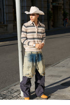 STEEPC Layered Design Knit Striped Long Sleeve Polo