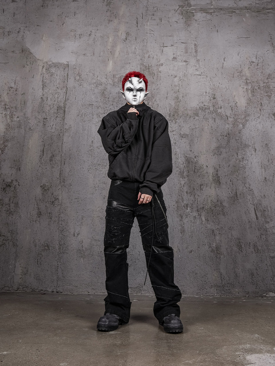 UNDERWATER Aged Silhouette Shirred Biker Armor Zip-Up Hoodie