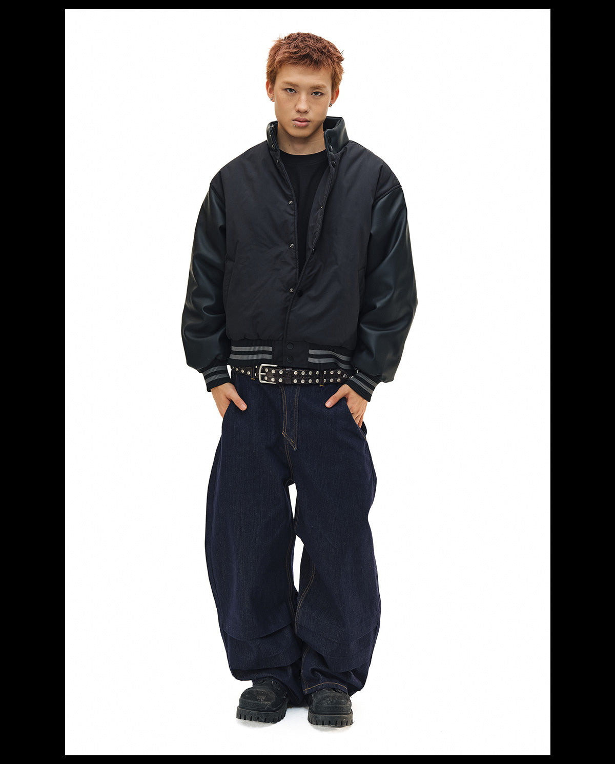 NOVACAM PU Leather Sleeve Puffer Varsity Jacket