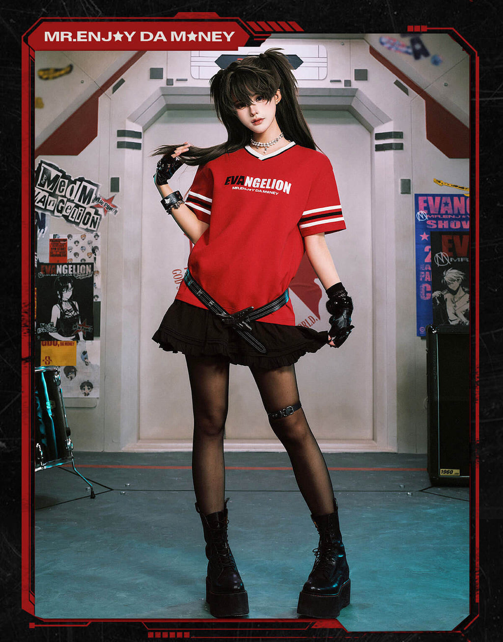 MEDM x EVA NEVER END Character Sketch Print Name Embroidered V Neck Tee