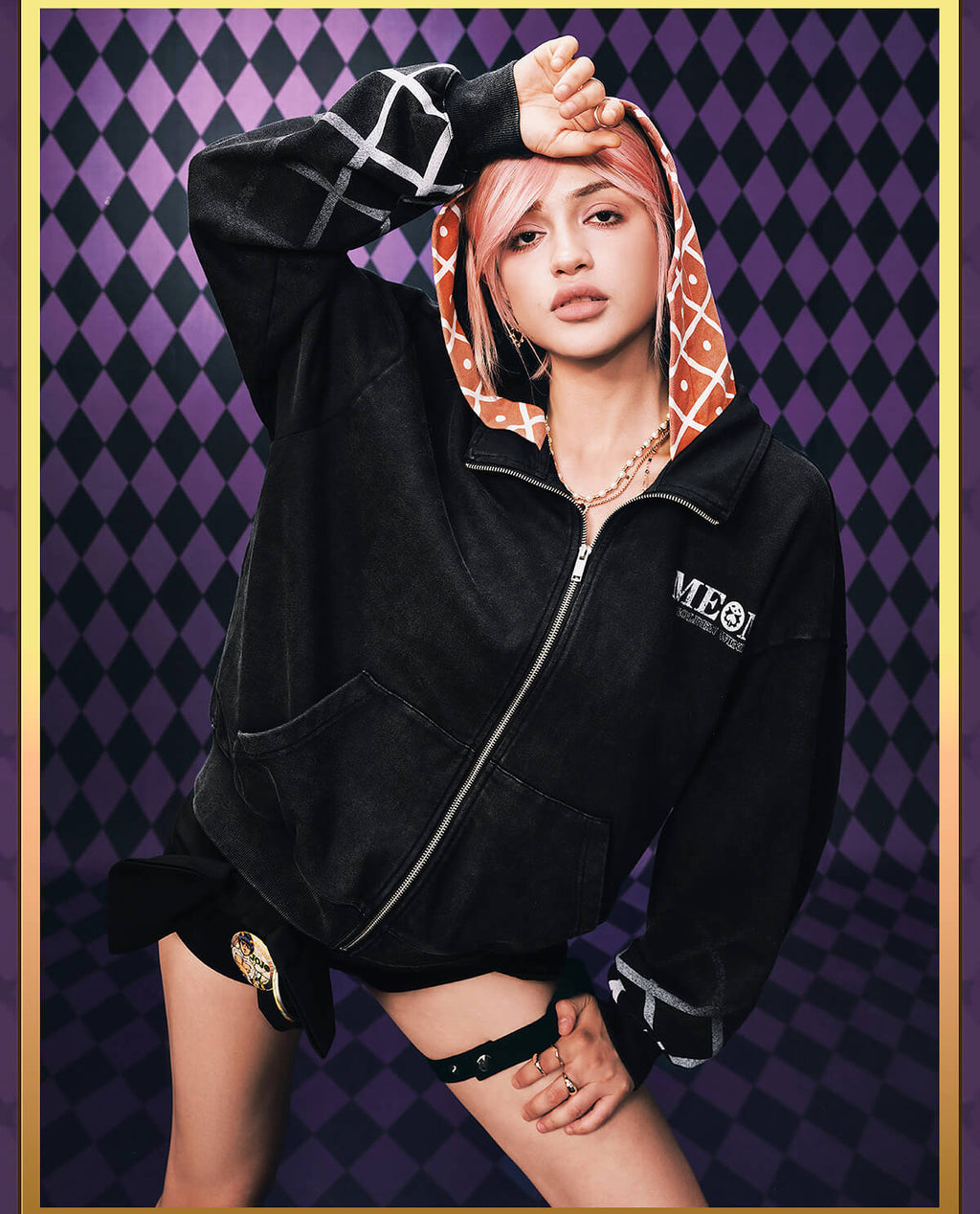 MEDM × JOJO Plaid Hooded Washed Zip Up Hoodie