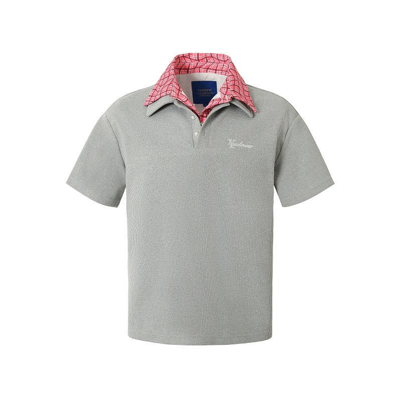 YADcrew Double Collar Layered Twisted Plaid Polo