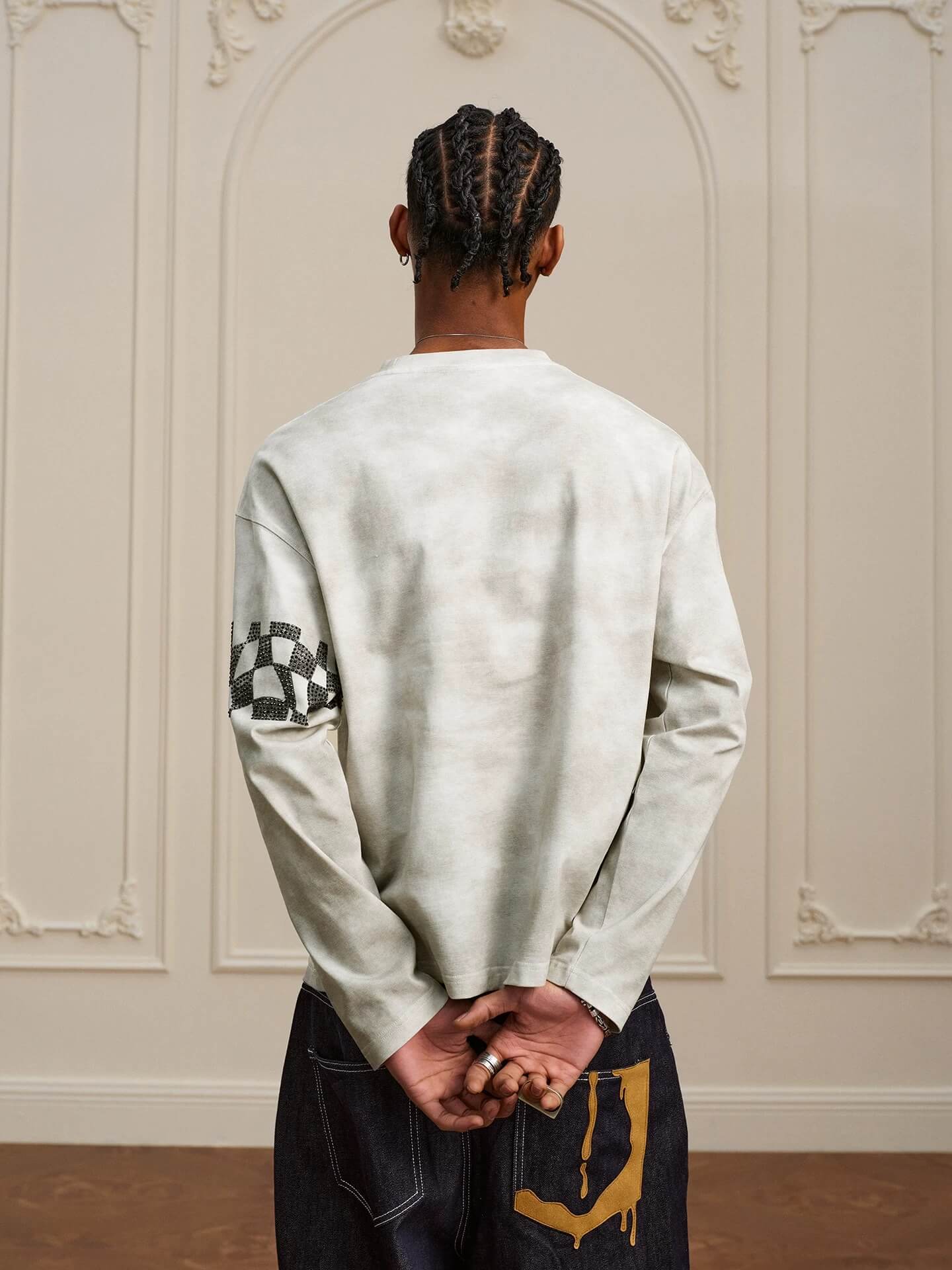 YADcrew Dirty Washed Circus Star Studded Long Sleeve Tee