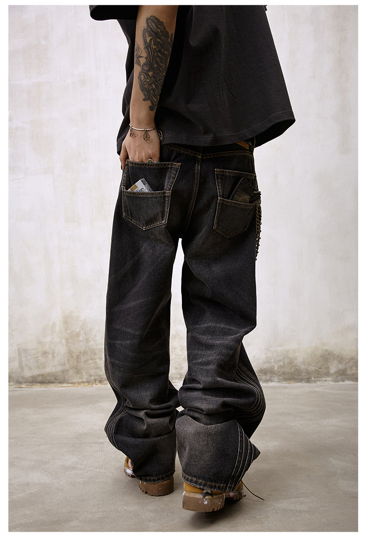 Remedy Double Layer Back Pocket Side Stitch Washed Jeans