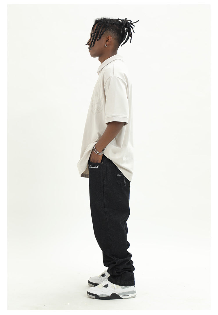 Cashrules Embroidered Loose Black Denim Pants