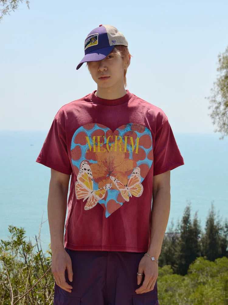 RUSURE Washed Butterfly Heart Print Tee