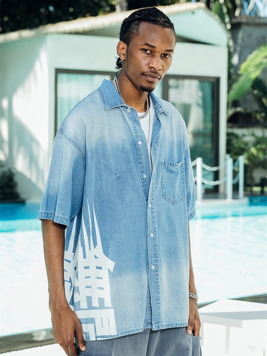 PRBLMS Chinese Big LOGO Denim Short Sleeved Shirt