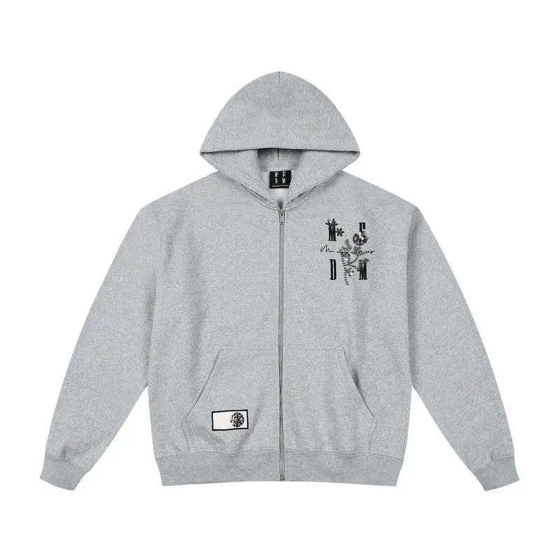 MEDM Beaded Flower Embellished Zip Up Hoodie
