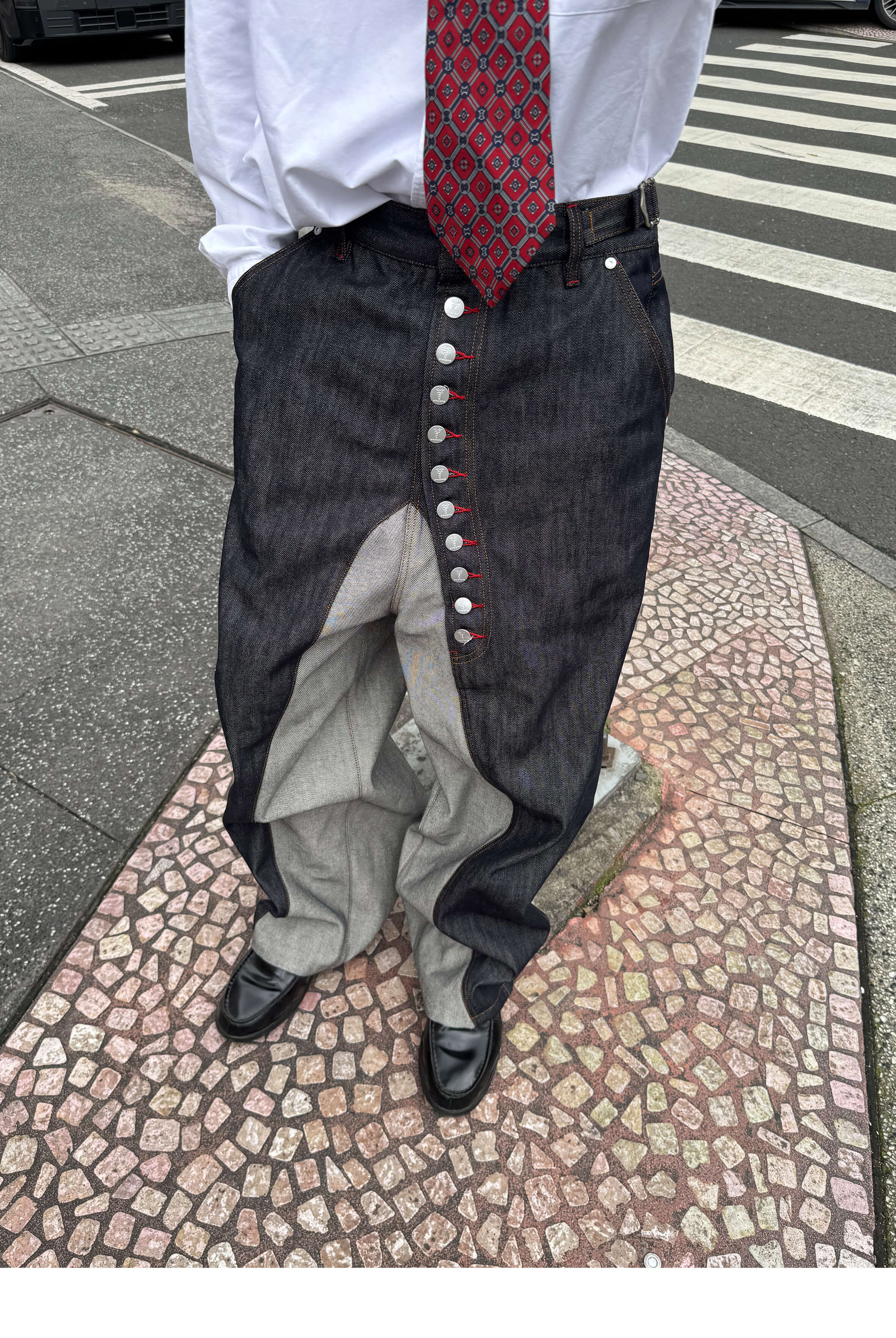STEEPC Button Fly Reverse Patchwork Baggy Jeans