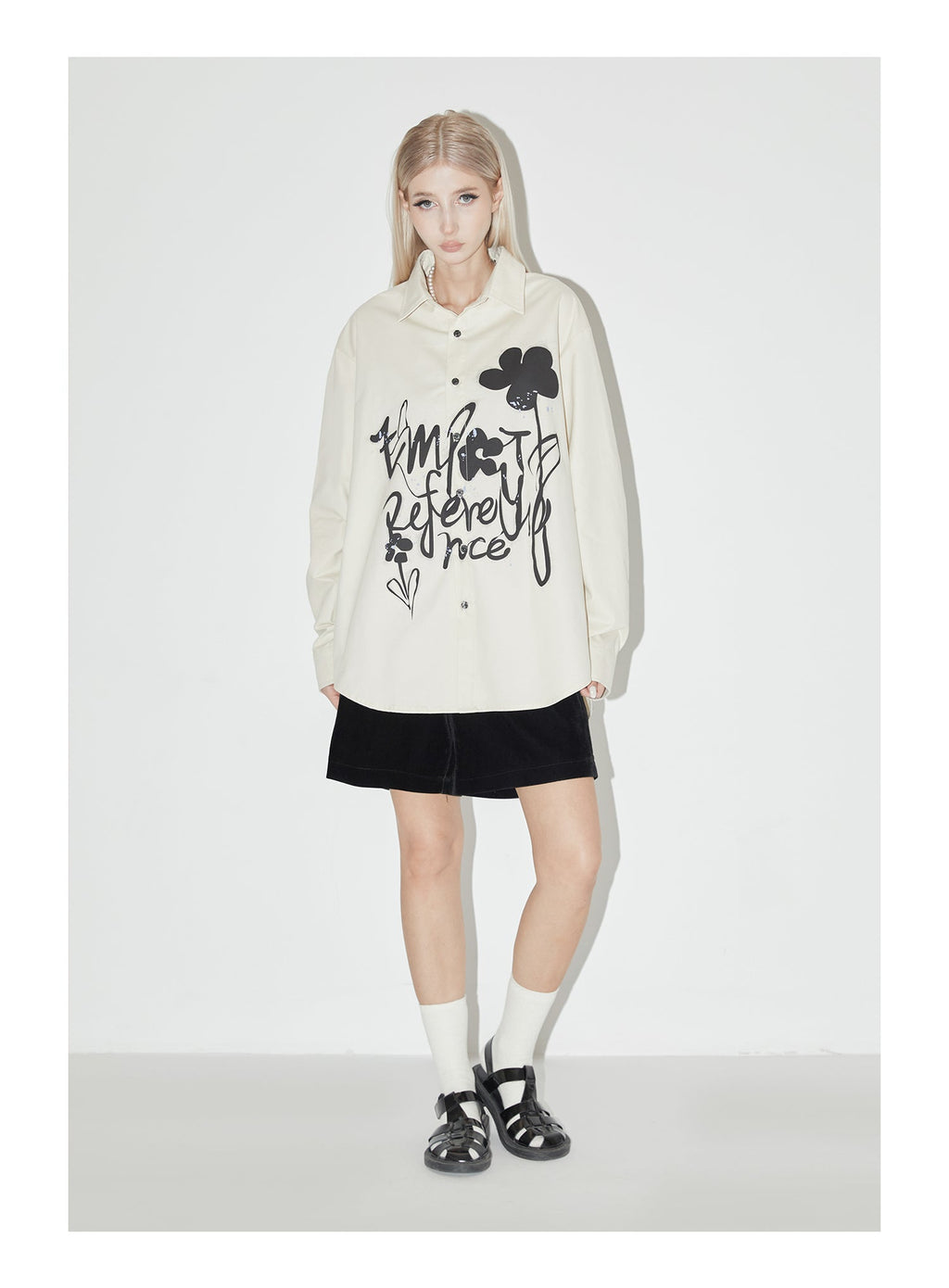 EMPTY REFERENCE Ink Graffiti Flower Print Long Sleeved Shirt