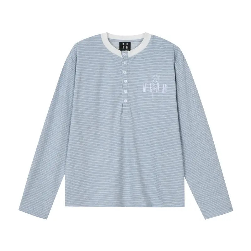 MEDM Rose Embroidered Striped Henley Long Sleeve Tee