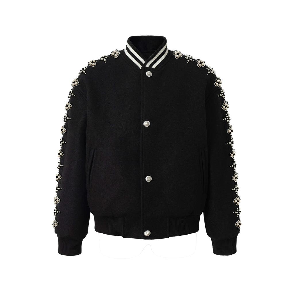 YADcrew Pearl Studded Metal Button Varsity Jacket