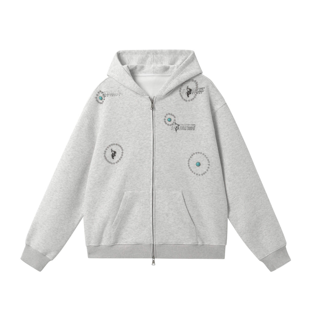 JHYQ Turquoise Accent Metal Logo Studded Circle Double Zipper Hoodie