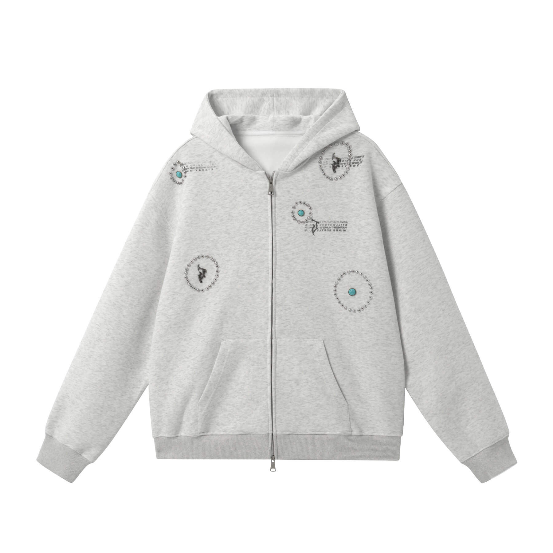 JHYQ Turquoise Accent Metal Logo Studded Circle Double Zipper Hoodie