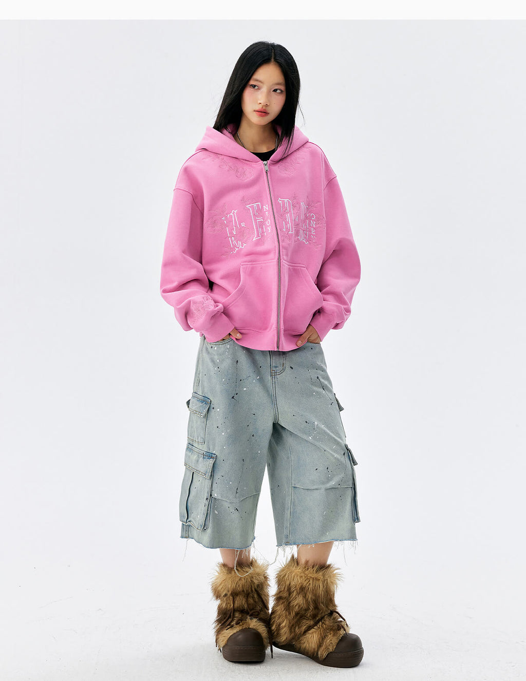 MEDM Flower Embroidered Zip Up Hoodie