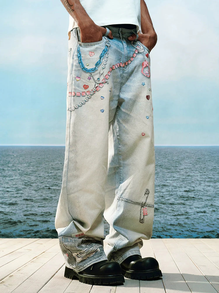 YADcrew Cute Heart Photorealistic Print Jeans