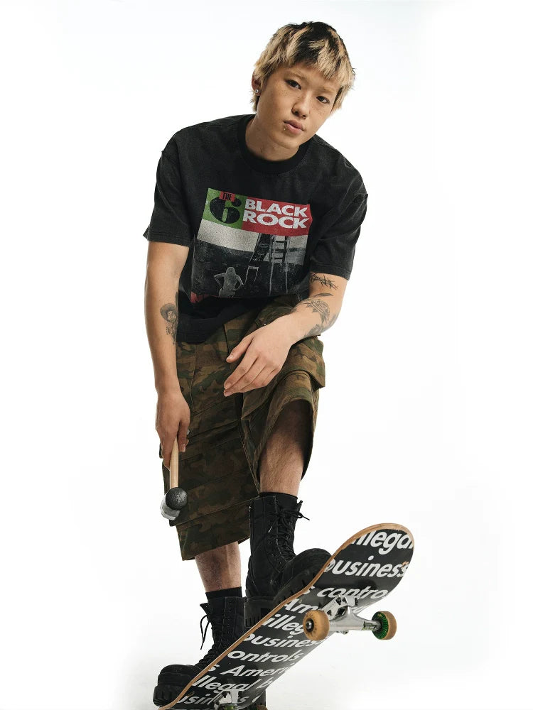 NOVACAM Vintage Rock Washed Black Stitch Tee