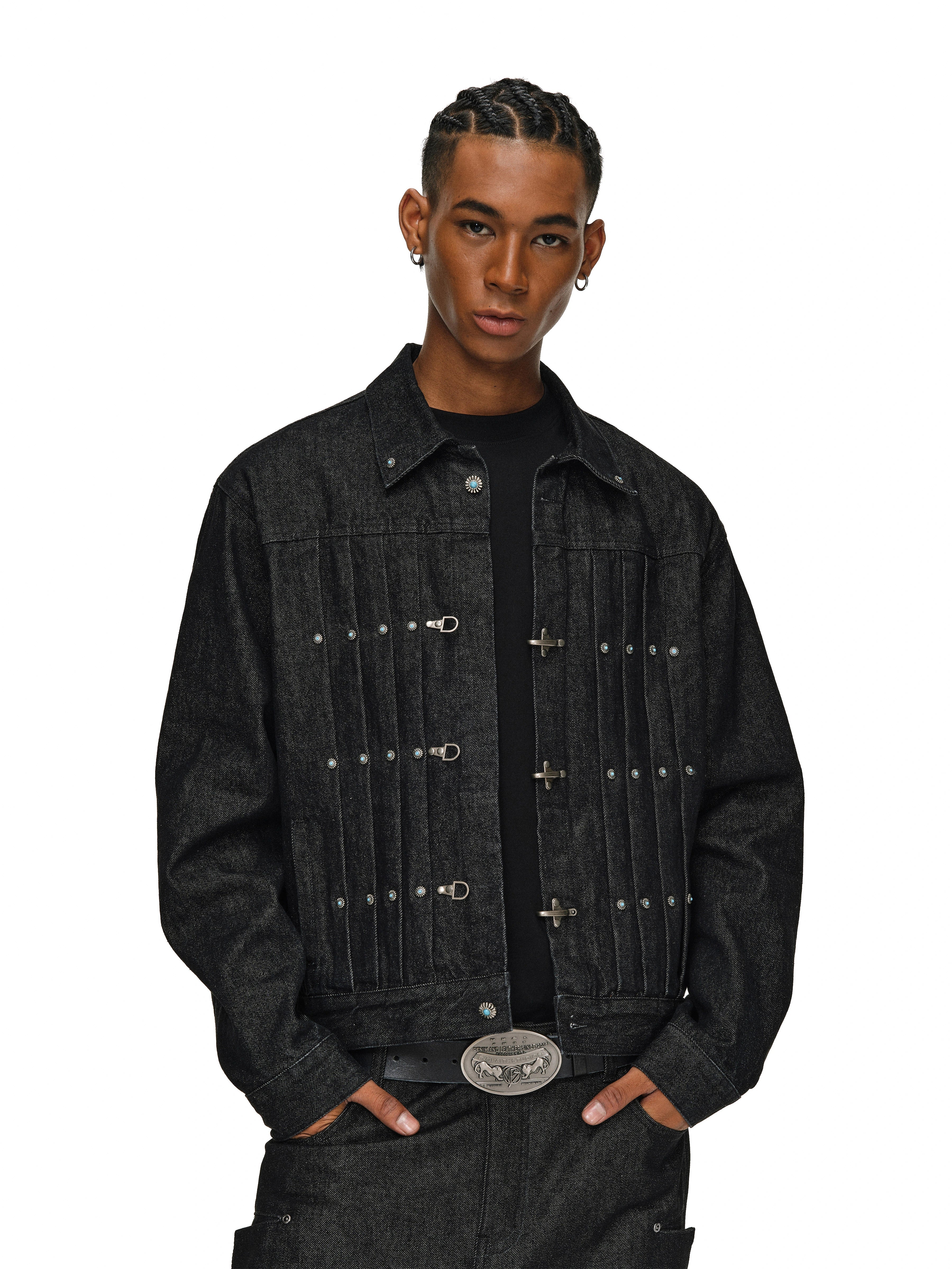 ANTIDOTE Turquoise Studded Pleated Buckle Denim Jacket