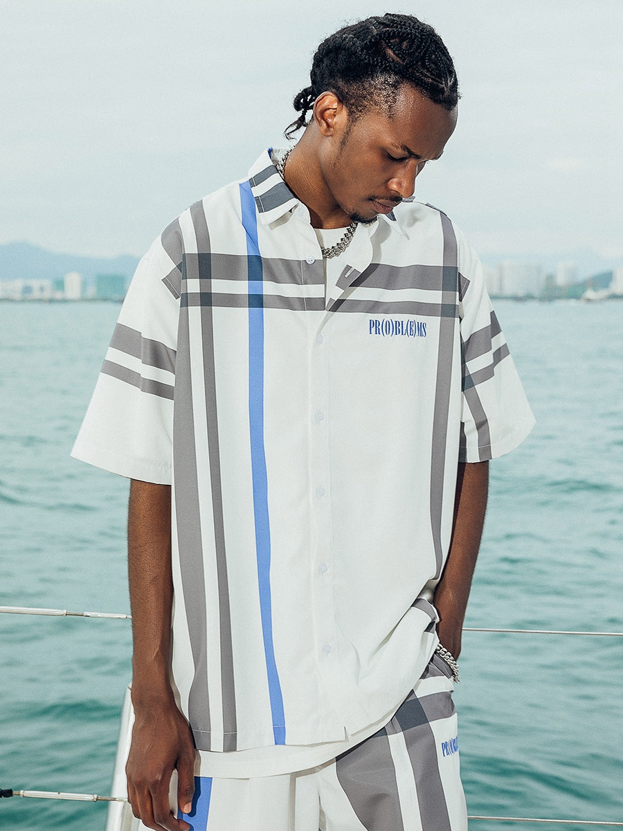 PRBLMS Color Blocking Plaid LOGO Short Sleeved Shirt